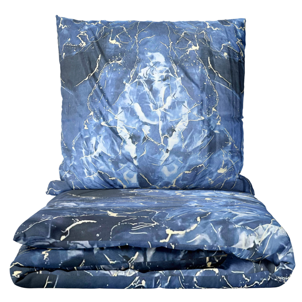 Bettwäsche set "Cosmic Blue". Bettwäsche 140x200, 135/140x200 cm, 155/160x200 cm, 200x200 cm, 200x220 cm, 220x240 cm. Bettwäsche-set mit blauem marmor-muster und goldenen akzenten.