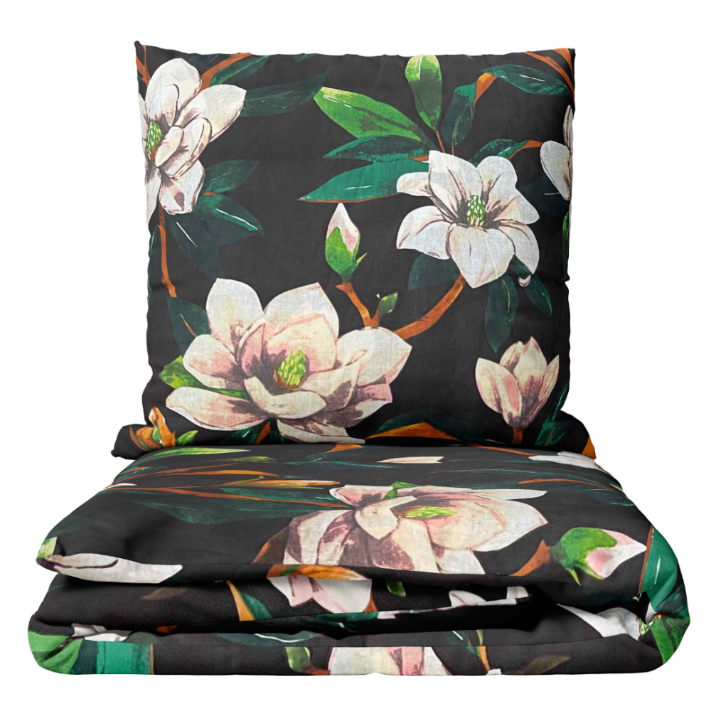 Bettwäsche set "Soft Magnolia". Bettwäsche Baumwolle, 135/140x200 cm, 200x200 cm, 200x220 cm, 220x240 cm. Bettwäsche-set mit magnolien auf schwarzem hintergrund.