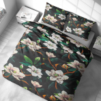 Bettwäsche set "Soft Magnolia". Bettwäsche Baumwolle, 135/140x200 cm, 200x200 cm, 200x220 cm, 220x240 cm. Bettwäsche-set mit bunten blumen und dunklem hintergrund, das eleganz verleiht.