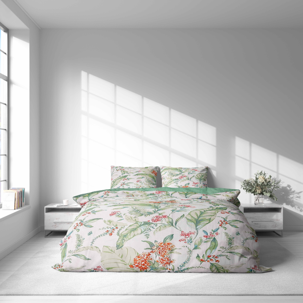 Premium satin bettwäsche set "Herbalia". Bettwäsche aus Satin, 135/140x200 cm, 200x200 cm, 200x220 cm. Frisches und energiegeladenes blumenmuster, das ihrem schlafzimmer licht und vitalität verleiht.